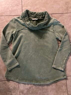 Soft Surroundings Olive Green Crochet-Trim Cowl Sweater